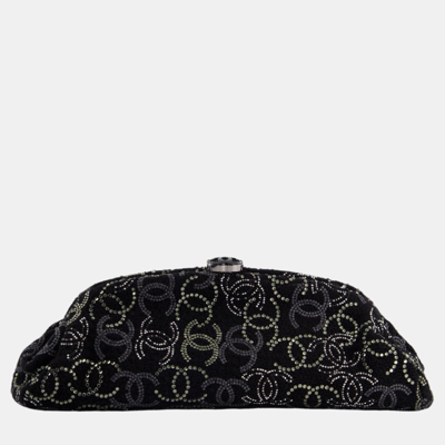 Pre-owned Chanel Black Timeless Clutch Bag In Fabric With Gunmetal Hardware And Crystal Logo Details