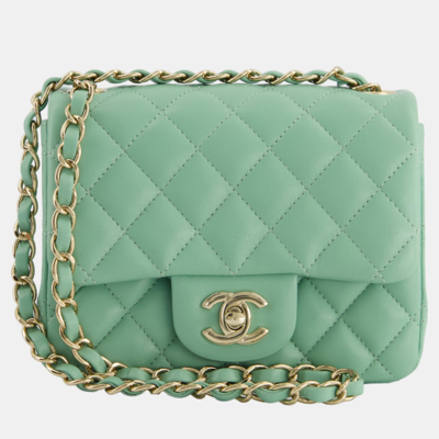 Pre-owned Chanel Green Tea Mini Square Bag In Lambskin Leather With Champagne Gold Hardware