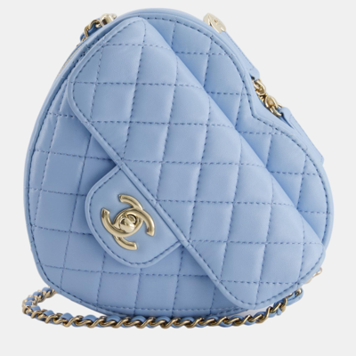 Pre-owned Chanel Baby Blue Heart Clutch With Chain And Champagne Gold Hardware