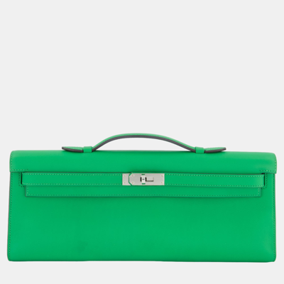 Pre-owned Hermes Kelly Cut Bag In Bamboo Swift Leather With Palladium Hardware In Green