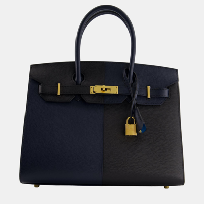 Pre-owned Hermes Birkin Bag 30cm Casaque Sellier Verso In Blue Indigo And Black Epsom Leather With Gold Hardware