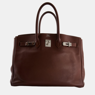 Pre-owned Hermes Birkin Bag 35cm In Havane Swift Leather With Palladium Hardware In Brown