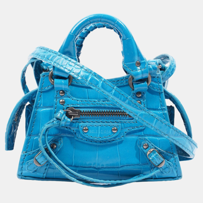Pre-owned Balenciaga City Bag Blue Embossed Leather Nano