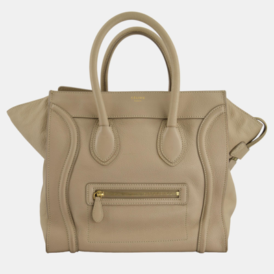 Pre-owned Celine Beige Mini Luggage Handbag In Grained Calfskin With Gold Hardware