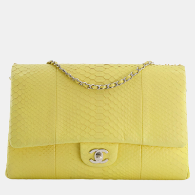 Pre-owned Chanel Light Yellow Timeless Clutch On Chain In Python With Silver Hardware