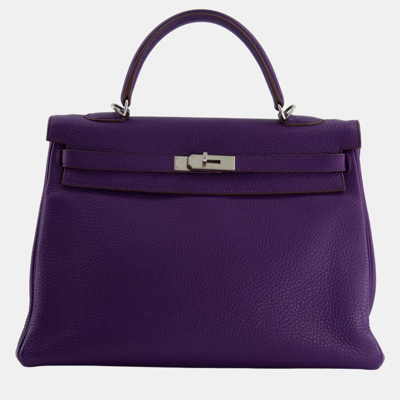 Pre-owned Hermes Kelly 35cm Bag Retourne In Iris Togo Leather With Palladium Hardware In Purple