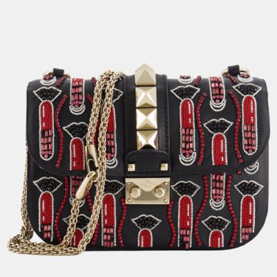 Pre-owned Valentino Garavani X Zandra Rhodes Black And Red Crystal Lock Shoulder Bag With Gold Hardware