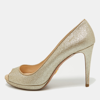 Pre-owned Prada Metallic Gold Glitter Peep Toe Pumps Size 40