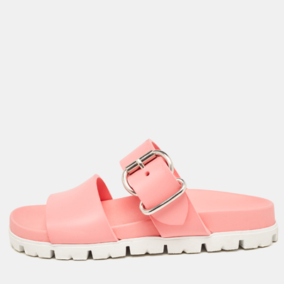 Pre-owned Prada Pink Rubber Buckle Detail Slides Size 36