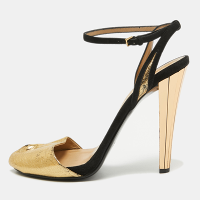 Pre-owned Gucci Gold/black Leather And Suede Ankle Strap Sandals Size 40