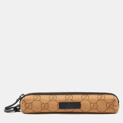 Pre-owned Gucci Beige Gg Canvas And Leather Pencil Case