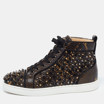 Pre-owned Christian Louboutin Brown/black Embossed Snakeskin Louis Spikes High Top Sneakers Size 39.5