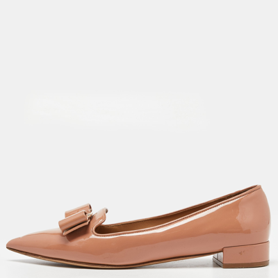 Pre-owned Ferragamo Peach Patent Leather Zeri Pointed Toe Ballet Flats Size 37.5 In Orange