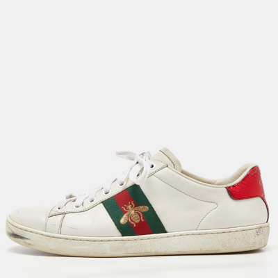 Pre-owned Gucci White Leather Web Detail Bee Embroidered Ace Low Top Sneakers Size 38