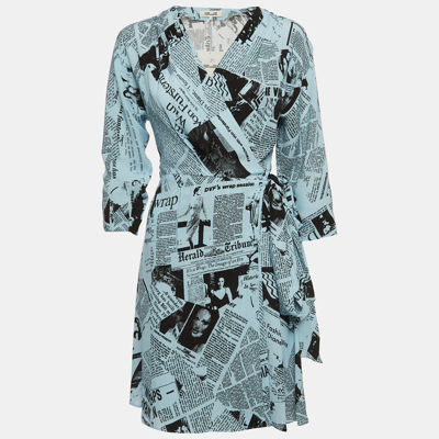 Pre-owned Diane Von Furstenberg Blue Newspaper Crepe Printed Wrap Dress S