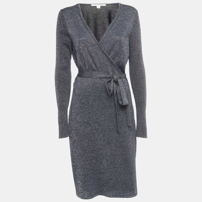 Pre-owned Diane Von Furstenberg Navy Blue Lurex Knit Evelyn Wrap Dress L
