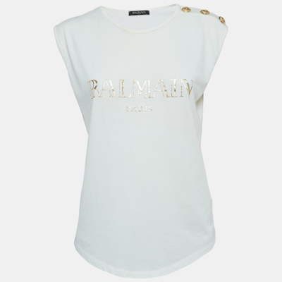 Pre-owned Balmain White Logo Print Distressed Cotton Button Detailed Tank Top M