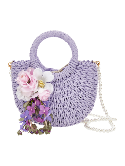 Monnalisa Raffia Bag With Flower Appliqué In Wisteria