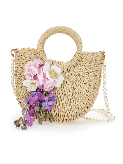 Monnalisa Raffia Bag With Flower Appliqué In Brown