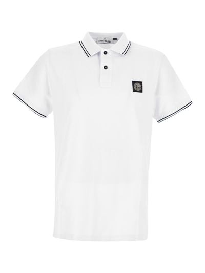 Stone Island Mens White Logo-badge Slim Fit Stretch-cotton Polo Shirt