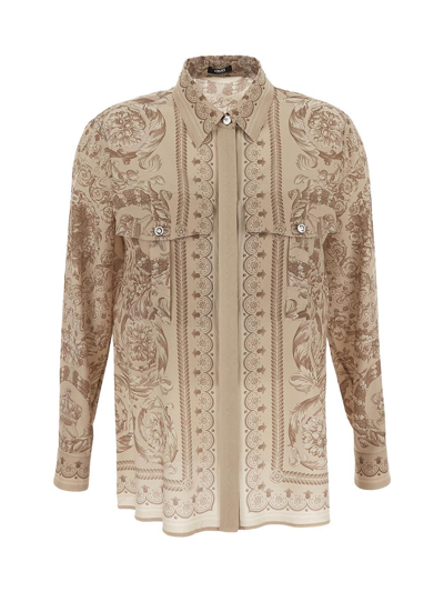 Versace Barocco Silk Shirt In Beige
