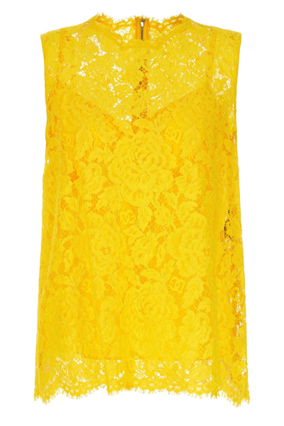 Dolce & Gabbana Branded Floral Cordonetto Lace Top In Amarillo