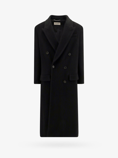 Saint Laurent Double-breasted Long-sleeved Coat In Black