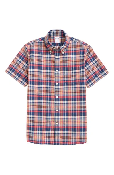 Brooks Brothers Regent Regular-fit Sport Shirt, Short-sleeve Madras | Navy/red | Size Small In Navy,red