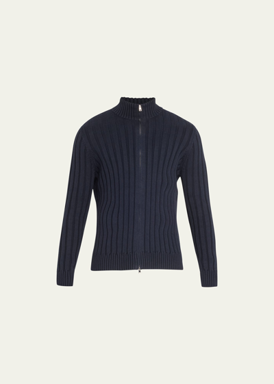 Bergdorf Goodman Men's Cotton-cashmere Wide Rib Full-zip Sweater In Navy Cc110