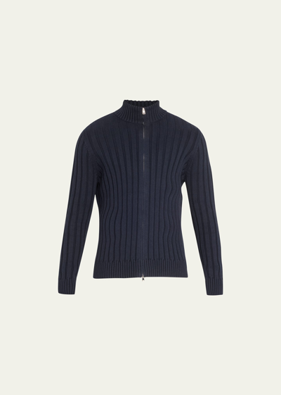 Bergdorf Goodman Men's Cotton-cashmere Wide Rib Full-zip Sweater In Navy