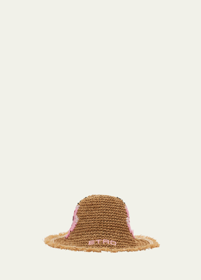 Etro Floral Embroidered Logo Paper Straw Bucket Hat In M0180 Natural