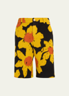 THE ELDER STATESMAN MEN'S LONG TRICOLOR FLORAL WOOL-CASHMERE SHORTS