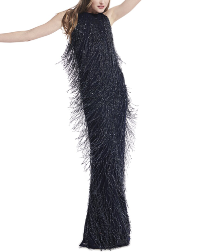 Emily Shalant Sequin Fringe Column Gown In Black