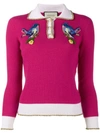 GUCCI GUCCI BIRD EMBROIDERED KNITTED POLO TOP - PINK,478272X5Z7812209216