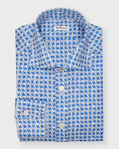 Kiton Men's Houndstooth-print Sport Shirt In Blue