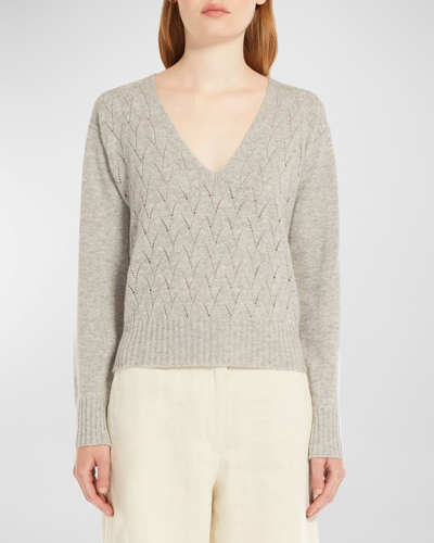 Max Mara Alaggio Pointelle Cable-knit V-neck Sweater In Pearl Grey