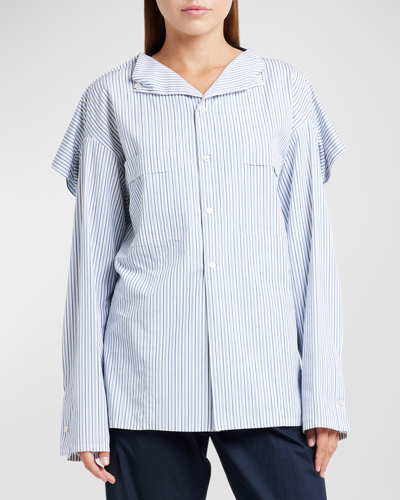 Plan C Stripe Cape-back Shirt In Sea Blue Stripe L