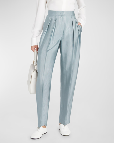 Giorgio Armani Textured Viscose Tapered-leg Pleated Trousers In Sage