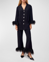 Sleeper Party Pajama Set With Double Feather Trim In White