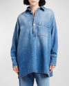 Plan C Denim Button-side Long-sleeve Collared Shirt In Indigo