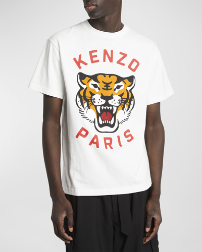 Kenzo Men's Lucky Tiger Printed Logo Oversized Tee In Off White