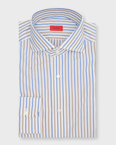Isaia Men's Cotton Multi-stripe Sport Shirt In White Blue