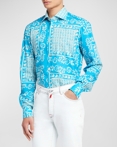Kiton Men's Cotton Floral-print Casual Button-down Shirt In Aqua