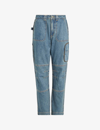 Allsaints Womens Vintage Indigo Florence Patch-pocket Recycled-cotton Denim Cargo Trousers In Vintage Indigo
