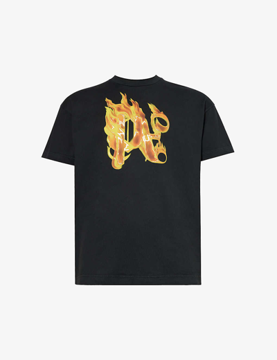 Palm Angels Mens Black Gold Burning Monogram Short-sleeved Cotton-jersey T-shirt