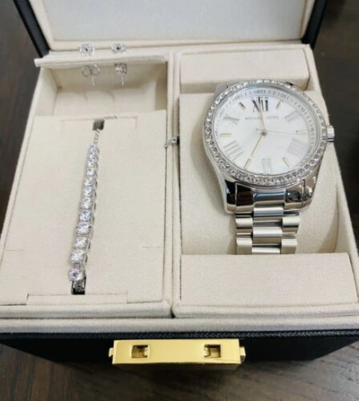 Pre-owned Michael Kors Lexington Three Hand Stainless Silver Watch Jewelry Gift Set Mk1087