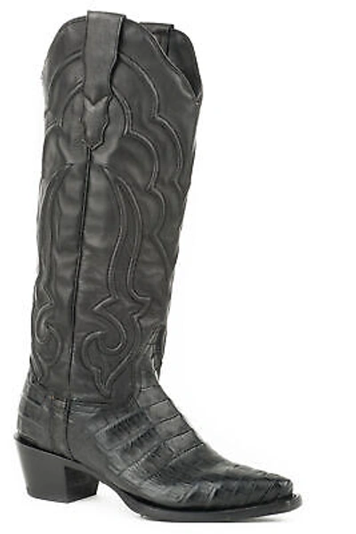 Pre-owned Stetson Womens Black Caiman Talita Cowboy Boots 8.5