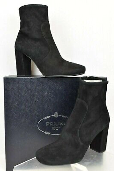 Pre-owned Prada 1t193f Black Suede Short Ankle Zipper Classic Pumps Boots 40 $975 Italy