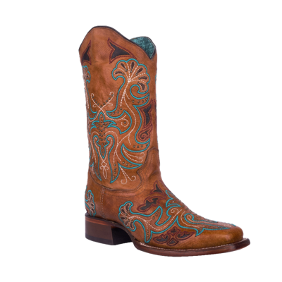 Pre-owned Corral Boots Corral Ladies Studded & Embroidered Sand Brown Western Boots A4483