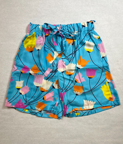 Pre-owned Gucci Women's Bright Blue Silk Tulip Floral Shorts With Waist Tie 657861 4337